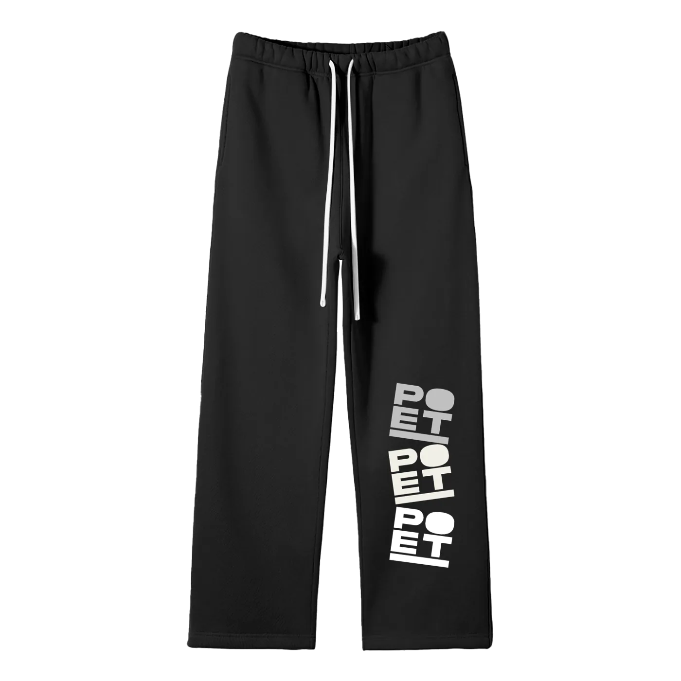 Black pants with 'POET' text on a white background