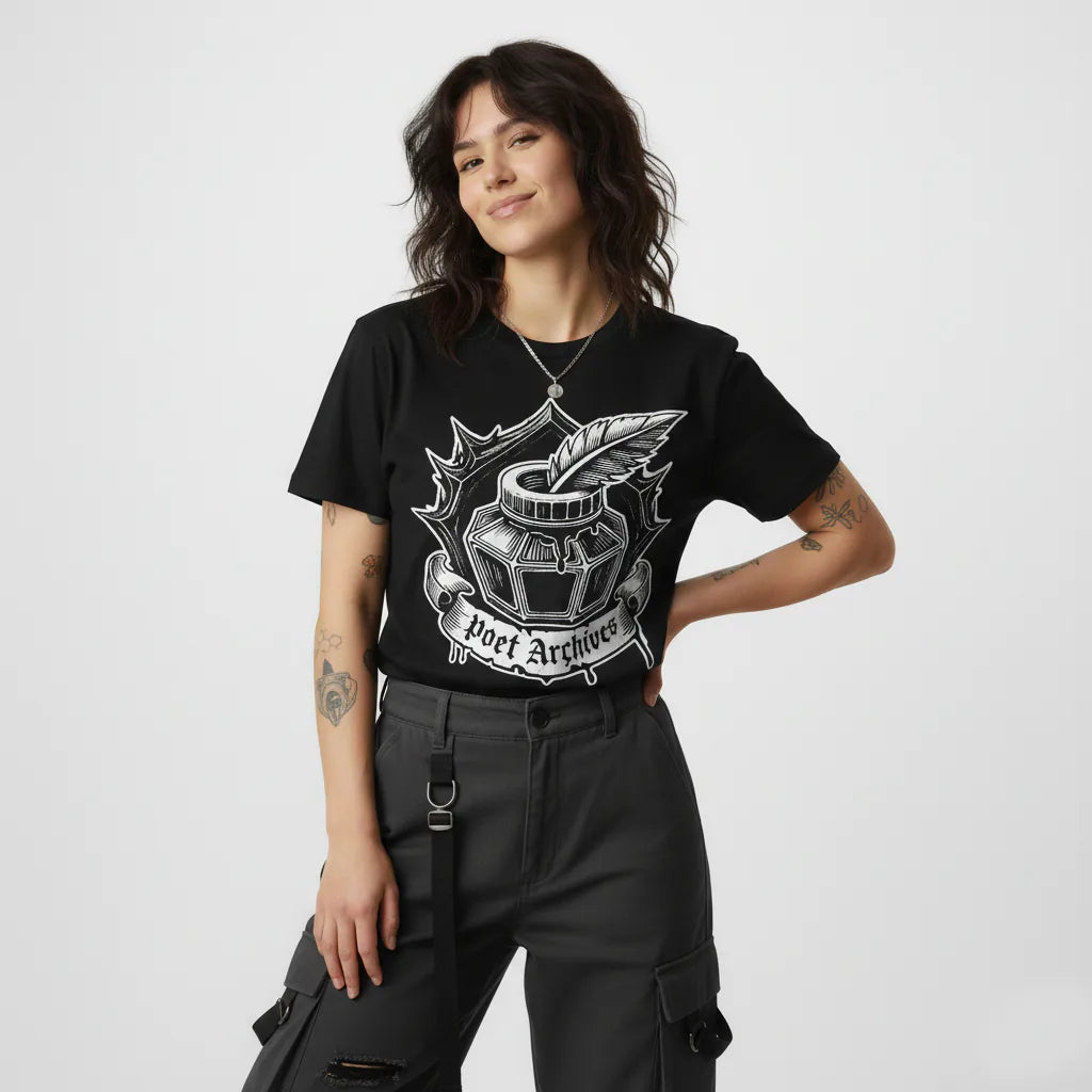Person wearing a black t-shirt with a graphic design on a white background