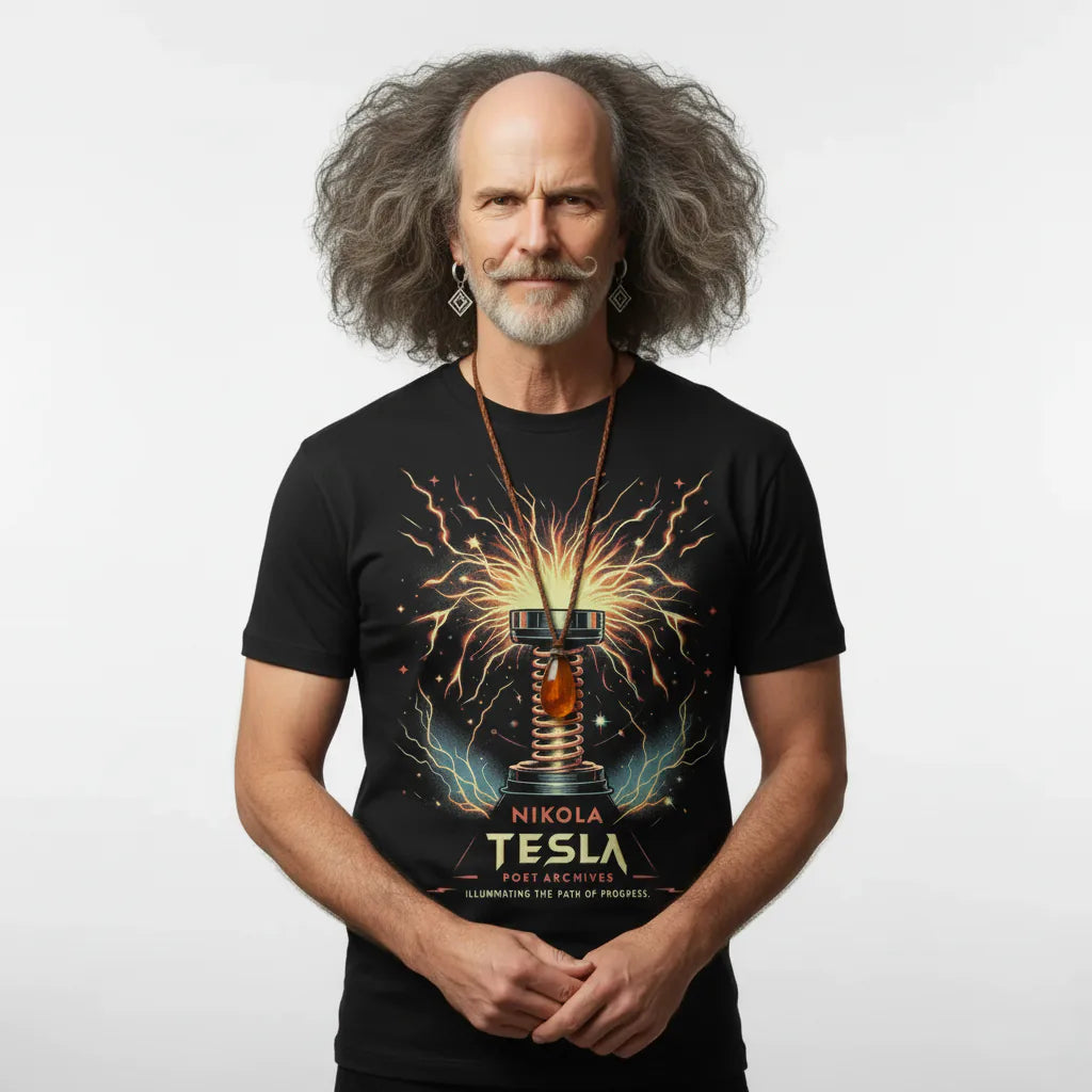 Person wearing a black t-shirt with Nikola Tesla design on a white background