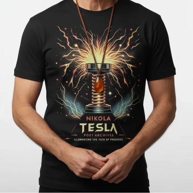 Person wearing a black t-shirt with Nikola Tesla design on a white background