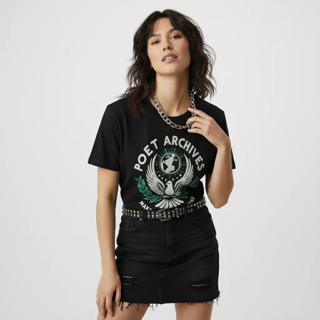 Woman wearing a black t-shirt with 'Poet Archives' design on a white background