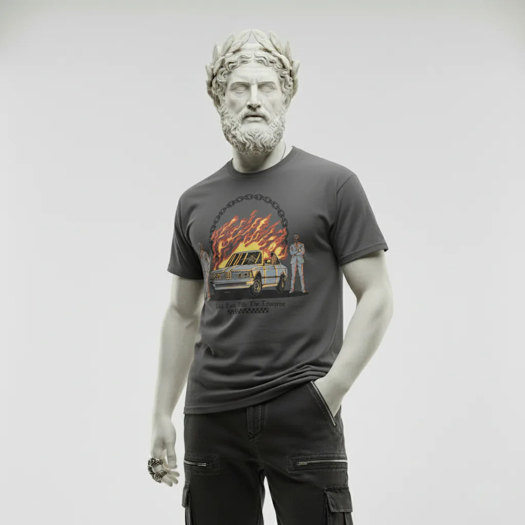 Person wearing a t-shirt with a graphic design on a plain background