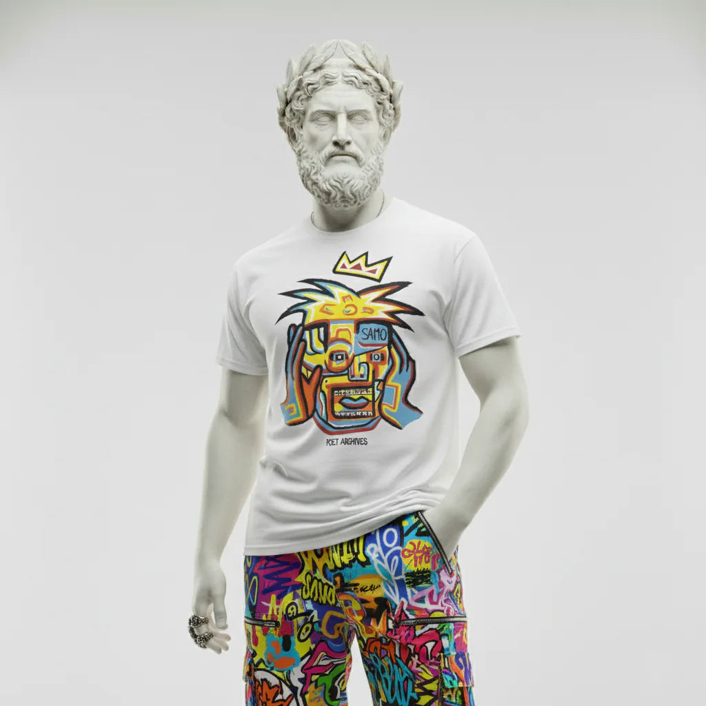 Mannequin wearing a white t-shirt with colorful graphic design and multicolored pants on a plain background