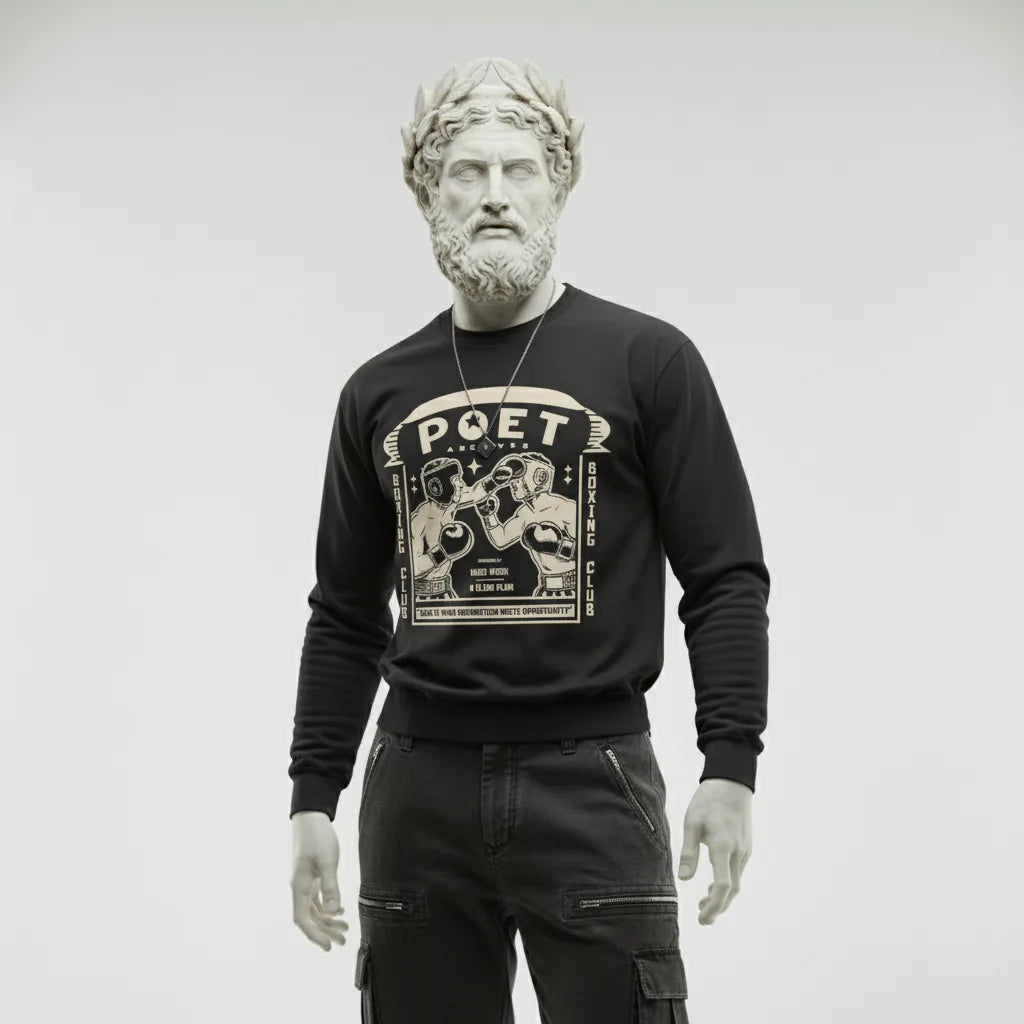 Person wearing a black sweatshirt with 'POET' design on a white background