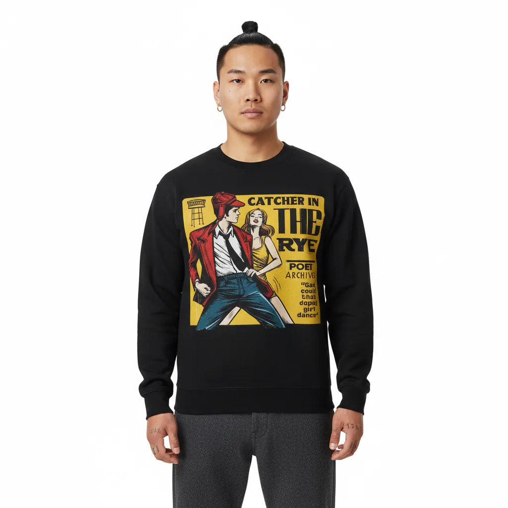 Person wearing a black sweatshirt with a graphic design on a white background
