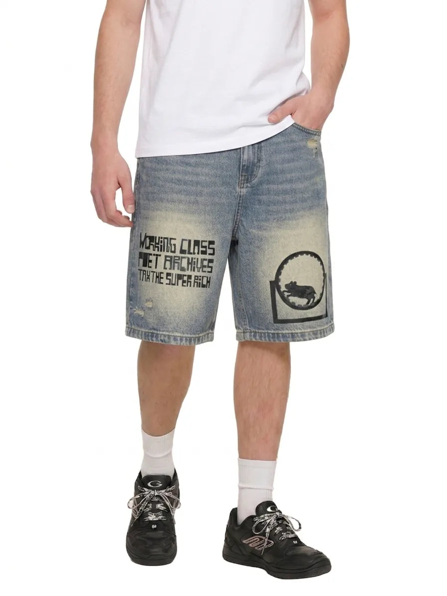 Person wearing light blue denim shorts with text and graphics on a white background