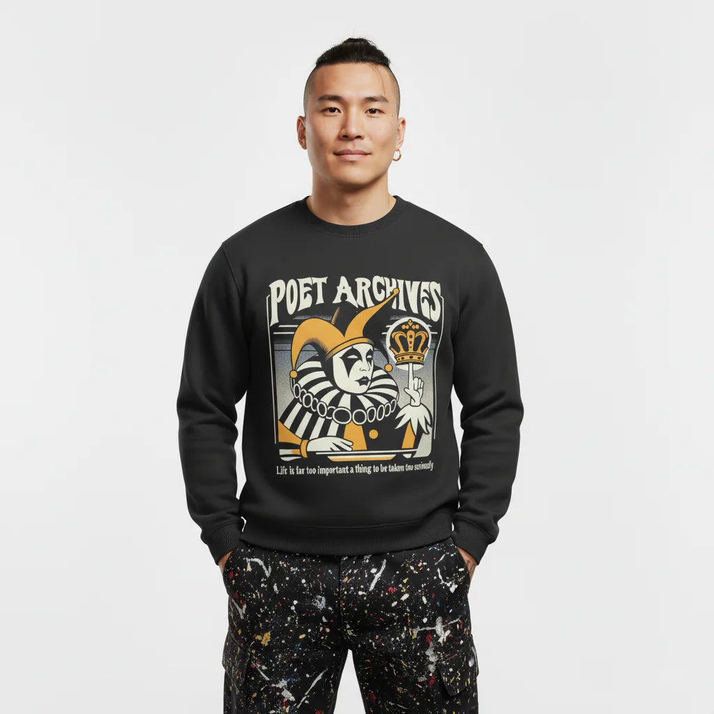 Person wearing a black sweatshirt with 'Poet Archives' design on a white background