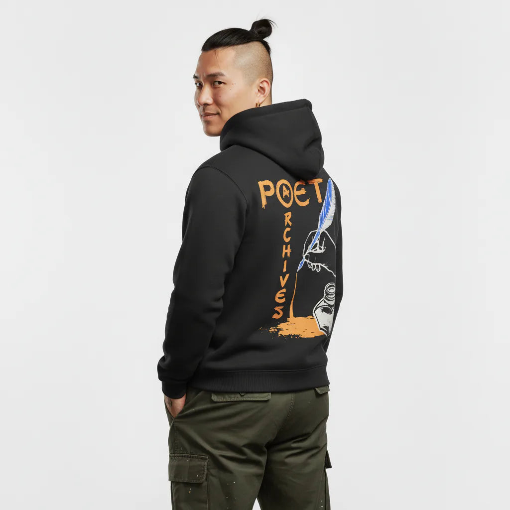 Person wearing a black hoodie with 'Poet Archives' design on the back, standing against a plain background.