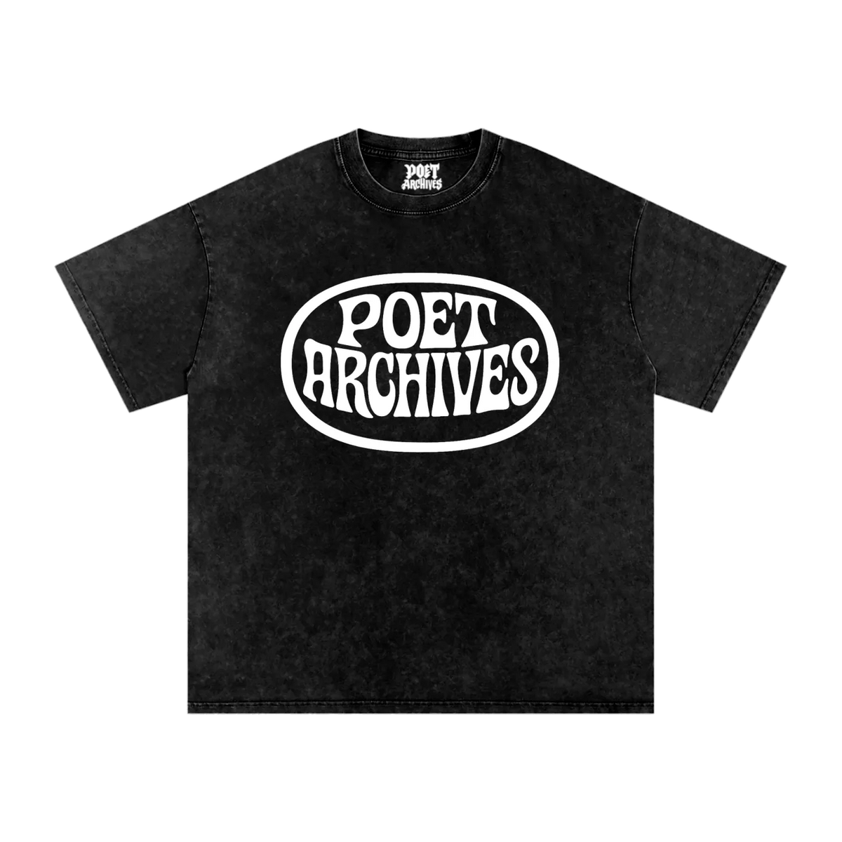 Poet Archives 250 GSM acid wash oversized T-shirt in black. Heavy cotton, oversized fit, goth and punk-inspired streetwear.