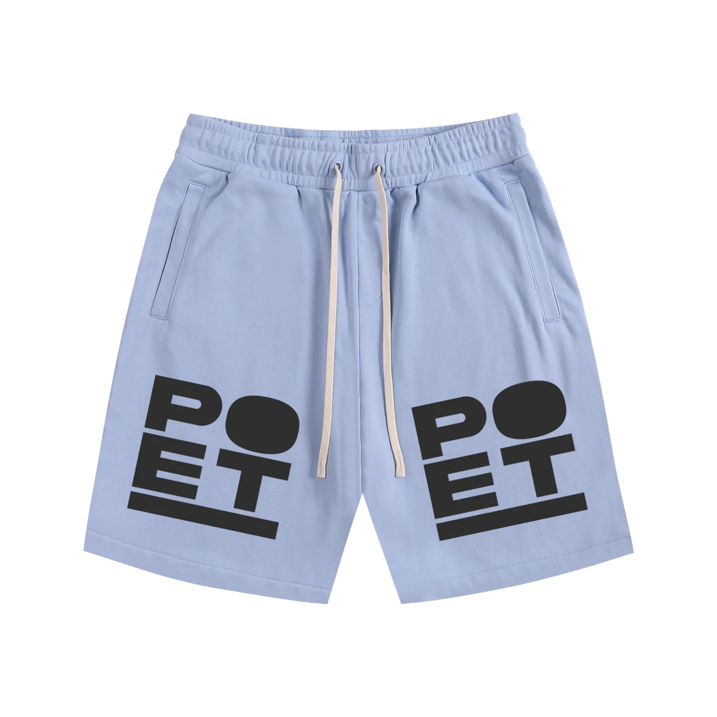 Light blue shorts with black 'POET' print on a white background