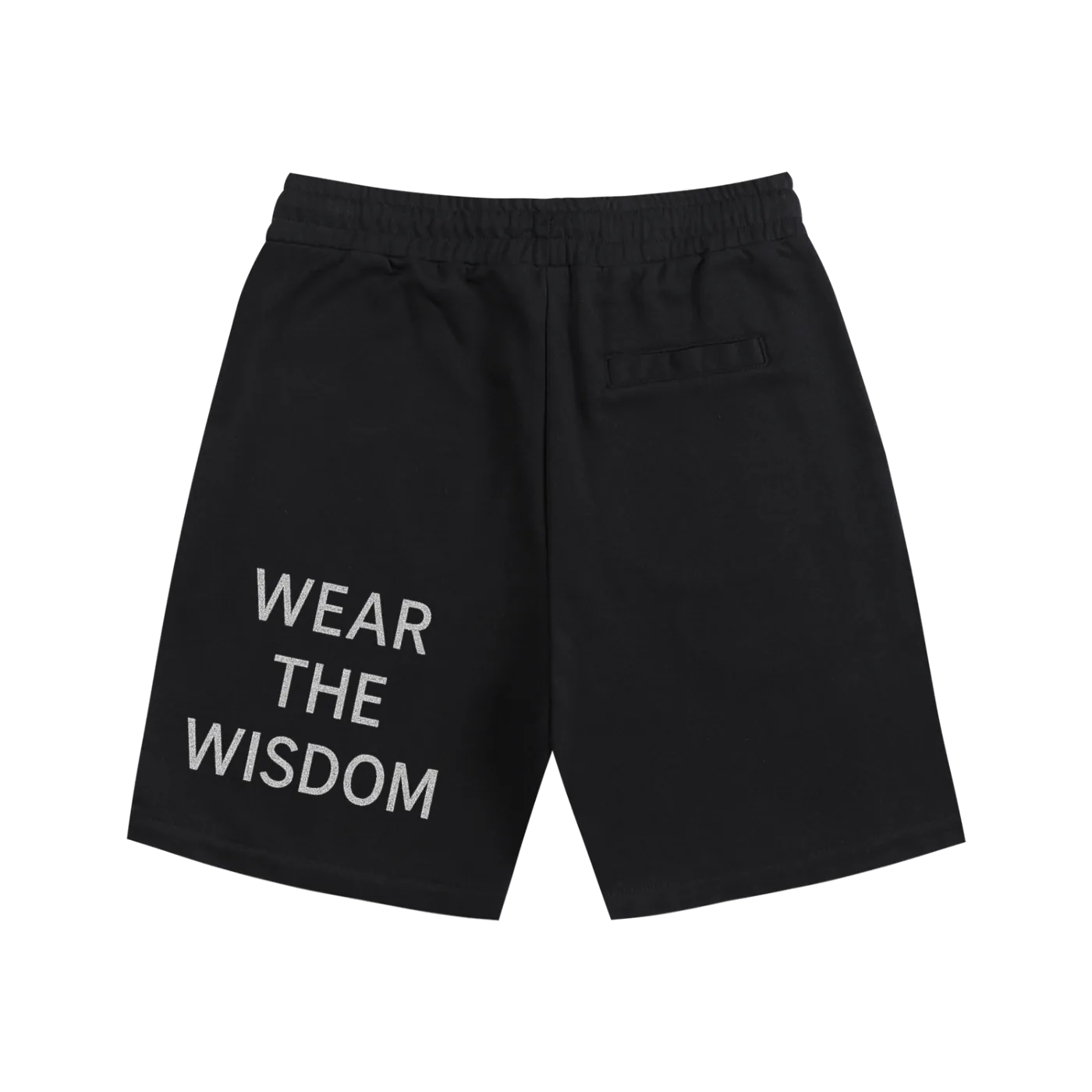 Black shorts with 'WEAR THE WISDOM' text on a white background