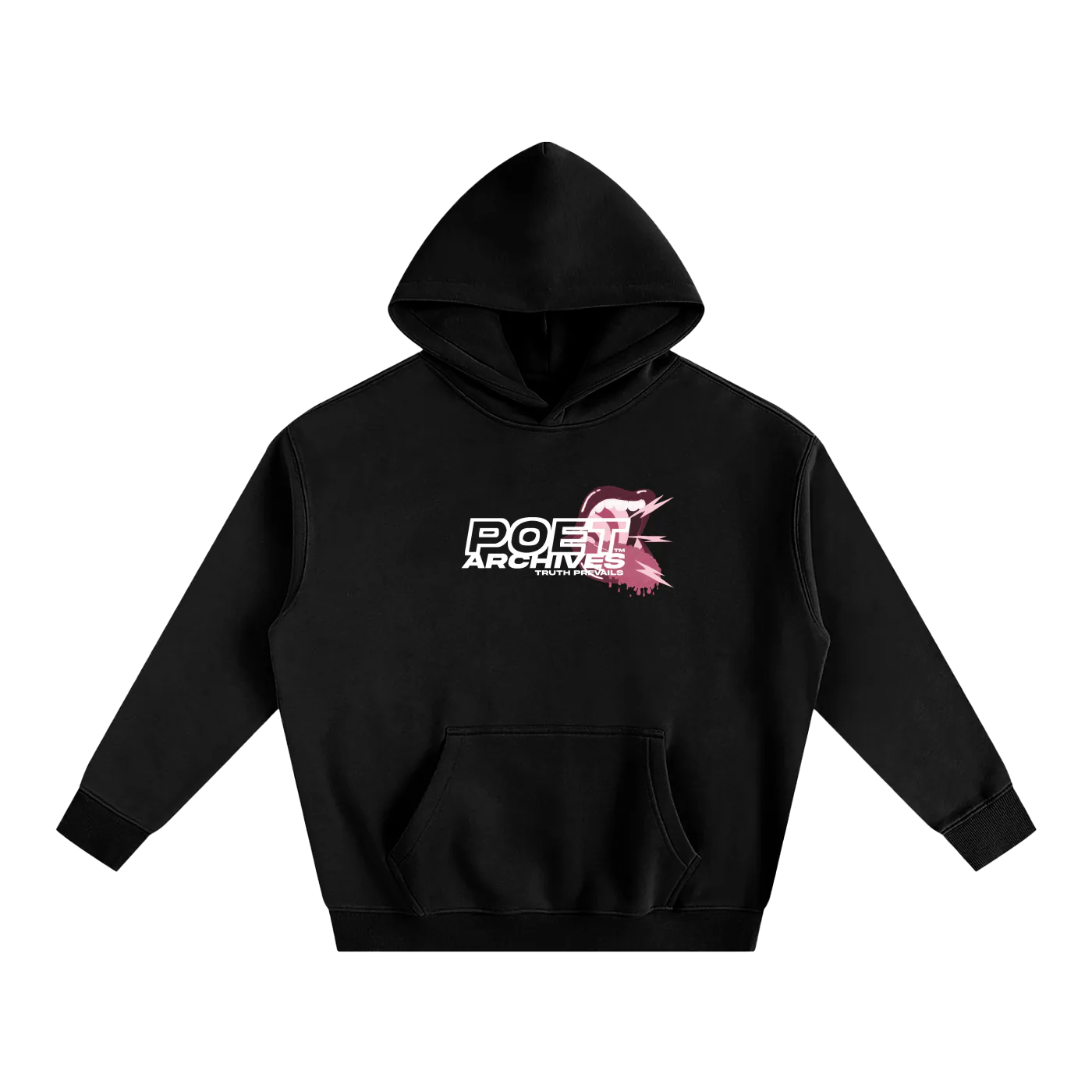 Black hoodie with a logo on the chest against a white background
