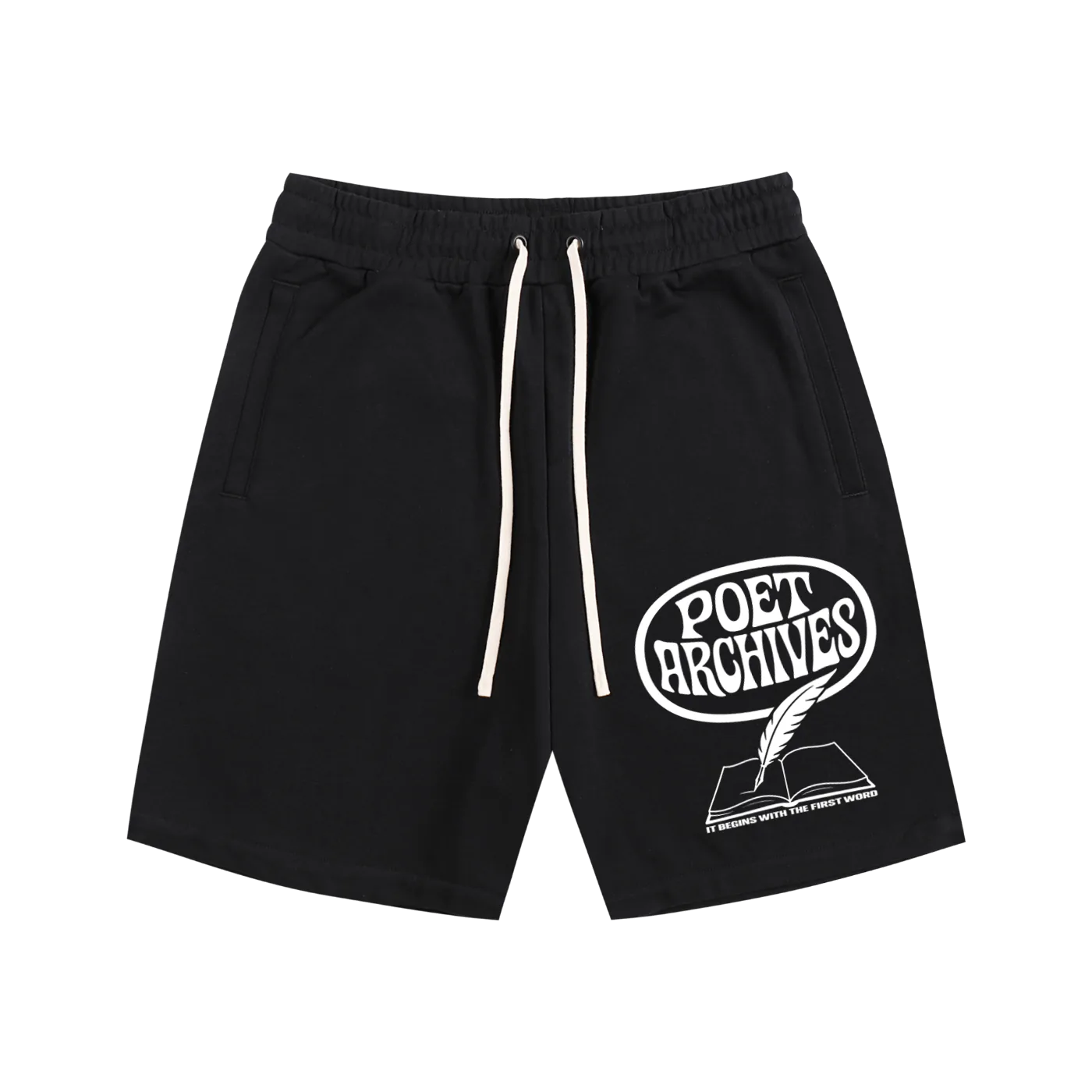Poet Archives essential black cotton shorts. Minimal durable streetwear design with skater, punk, and goth influence.