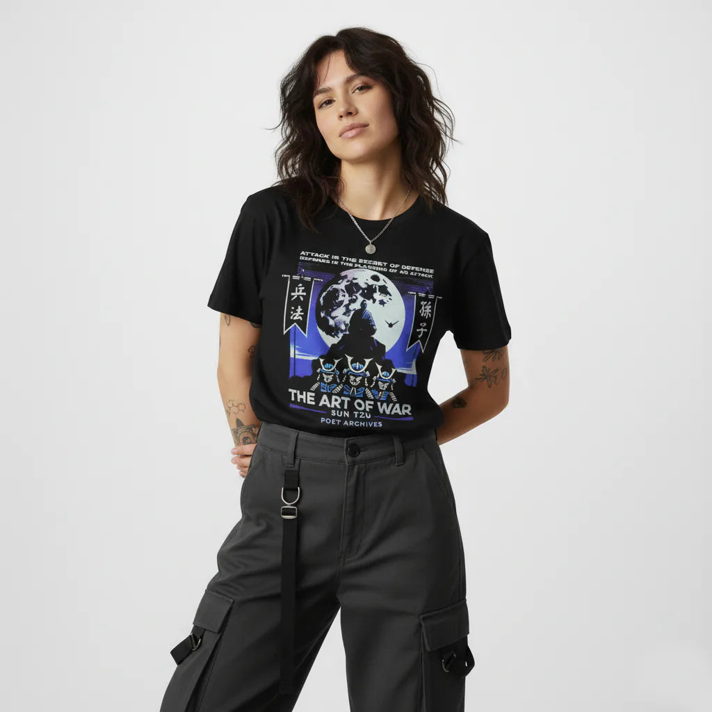 Person wearing a black t-shirt with graphic design on a plain background