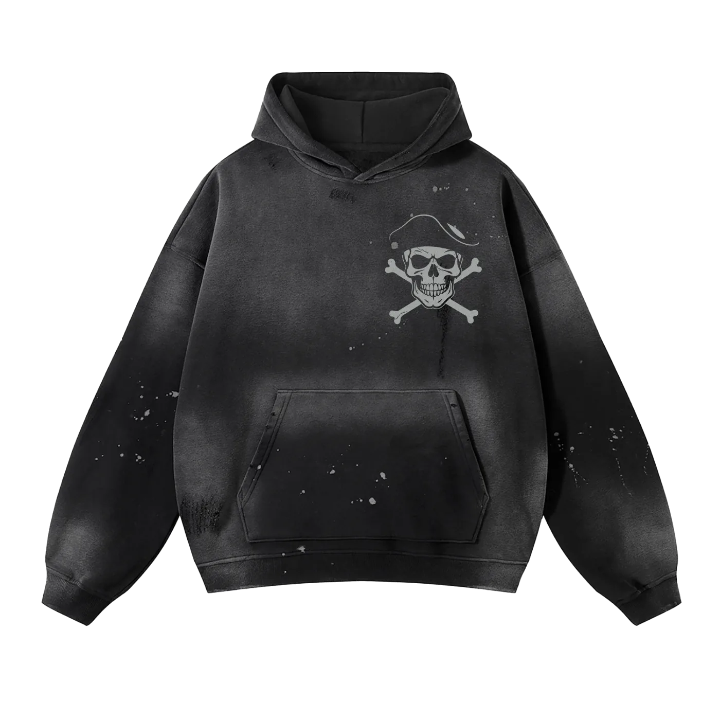 Black hoodie with skull and crossbones design on a white background