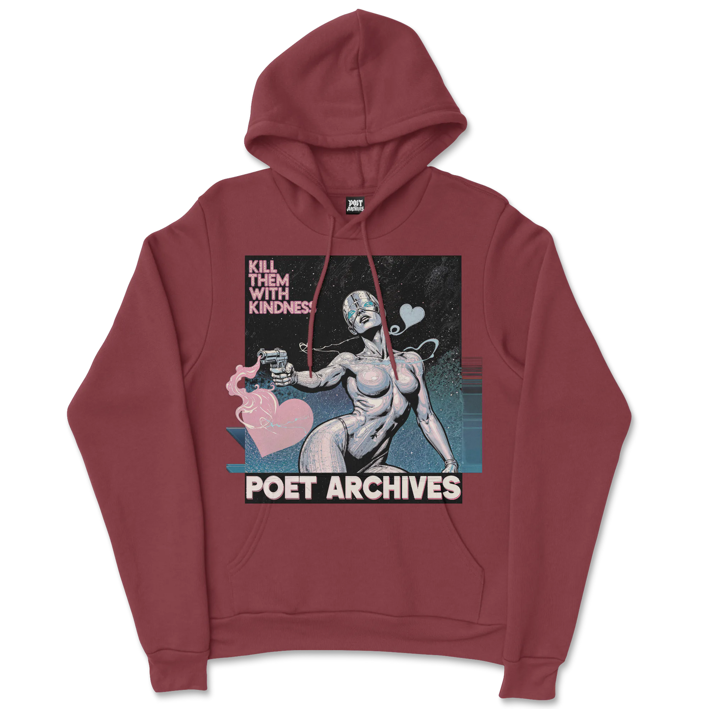 Maroon hoodie with graphic design and 'Poet Archives' text on a white background