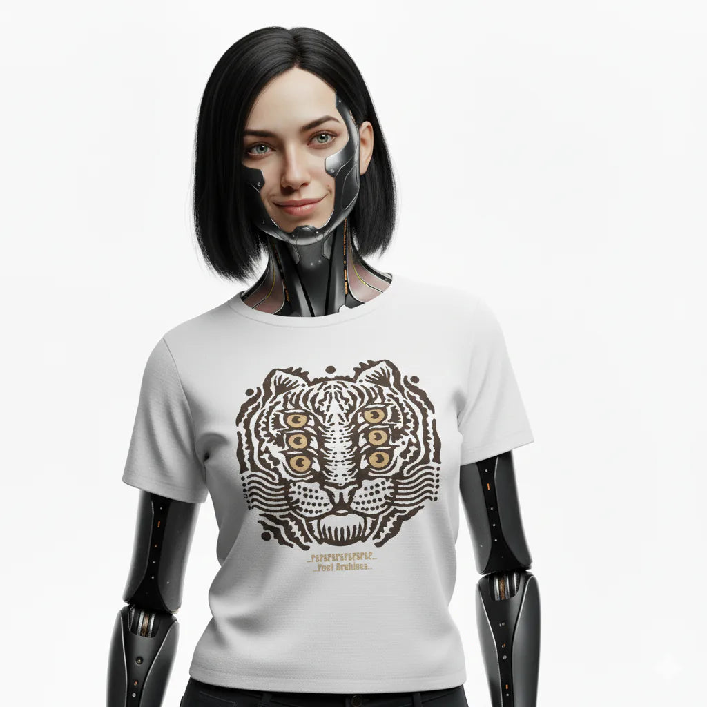 Person wearing a white t-shirt with a tiger graphic design on a plain background