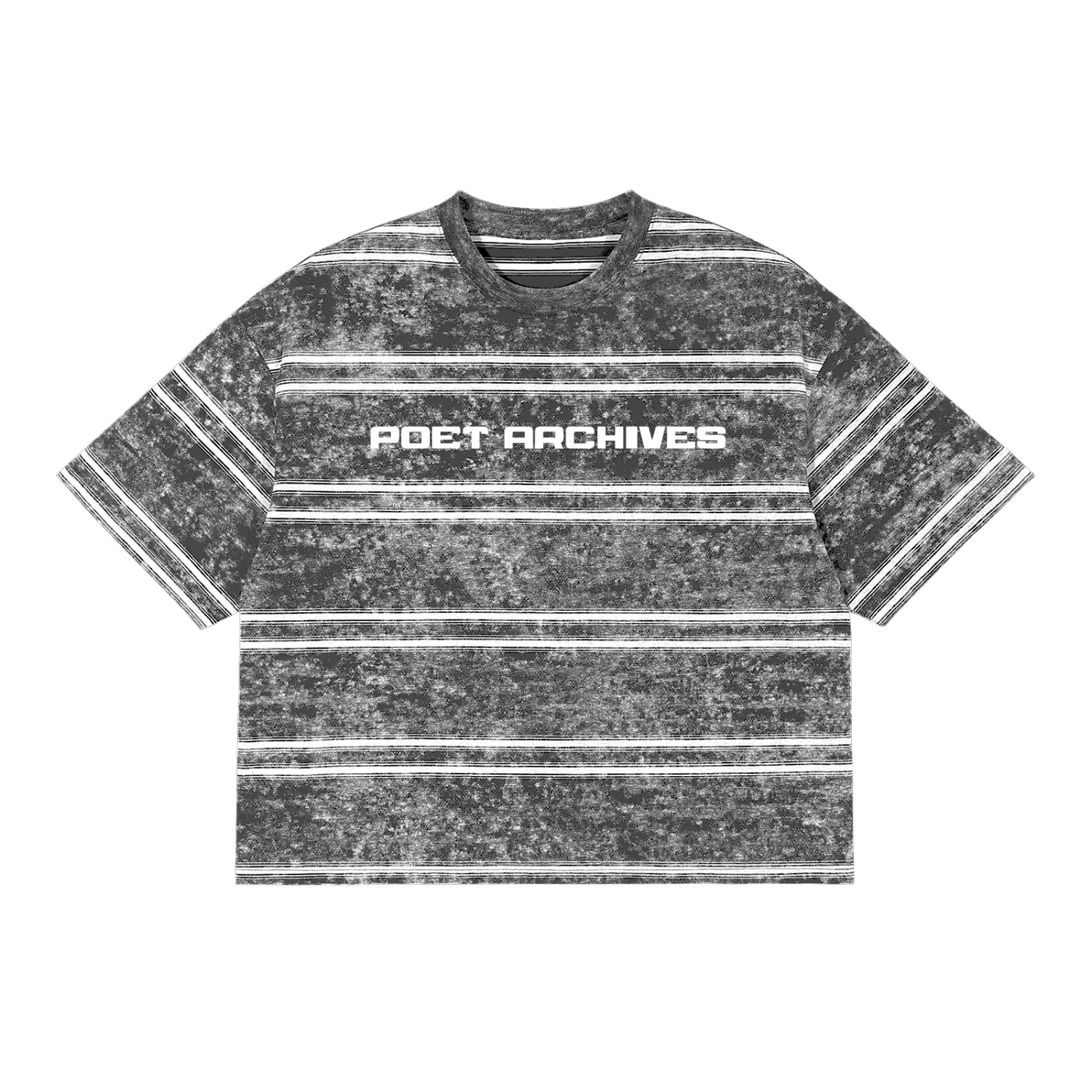 Black and white striped t-shirt with 'POET ARCHIVES' text on a white background