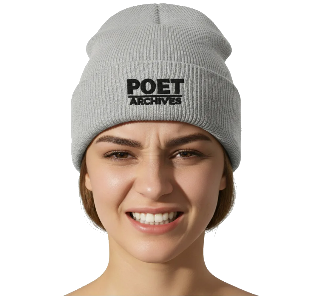 Person wearing a gray beanie with 'POET ARCHIVES' logo on a white background