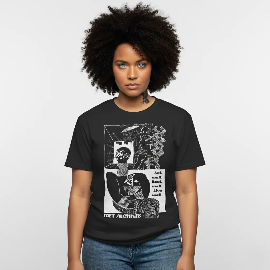 Person wearing a black t-shirt with graphic design on a plain background