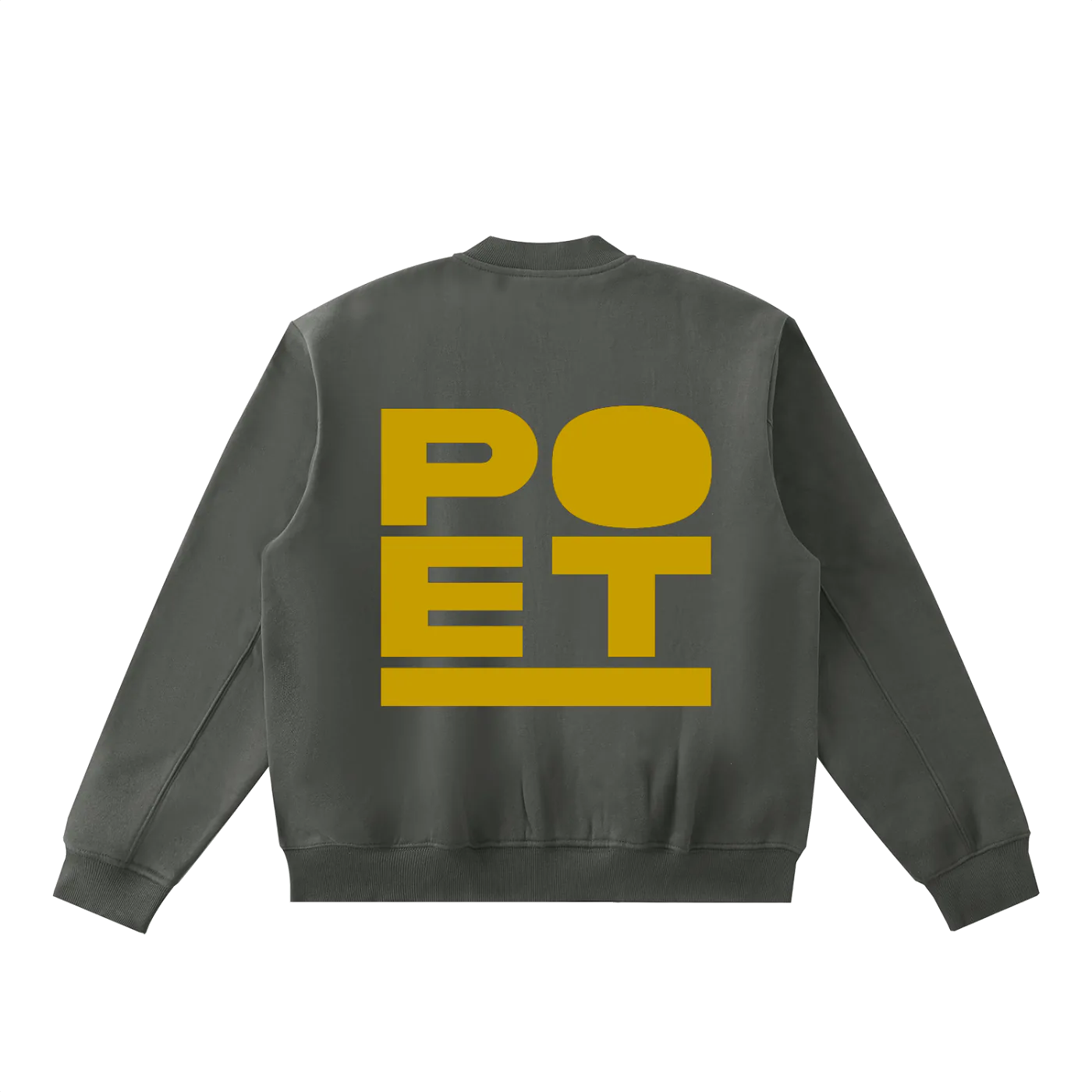 Gray sweatshirt with 'POET' printed in yellow on the back against a white background