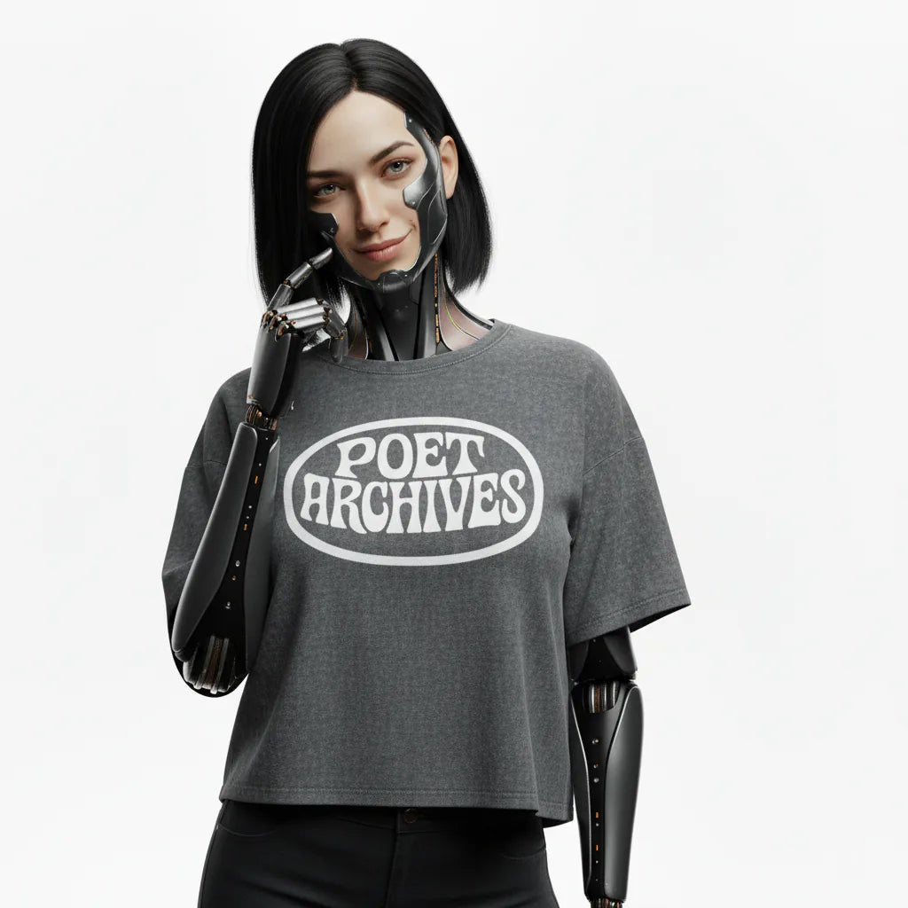 Person wearing a gray 'POET ARCHIVES' t-shirt against a white background