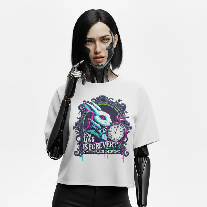 Person wearing a white t-shirt with a graphic design and text, standing against a plain background.