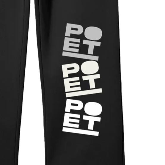 Black pants with 'POET' text on a white background