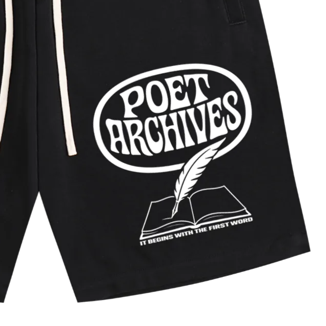 Black shorts with 'Poet Archives' logo on a white background