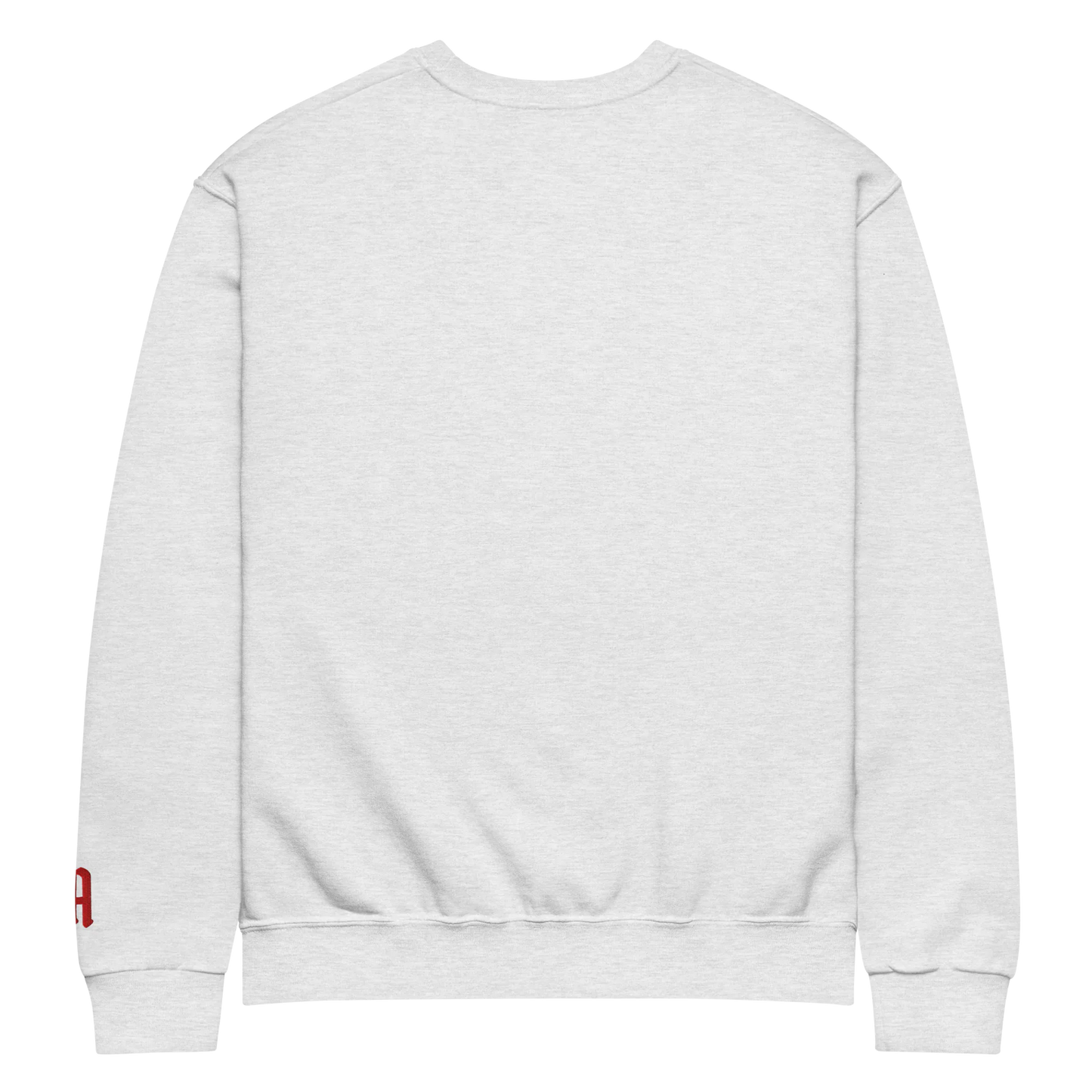 White sweatshirt with a red logo on the sleeve against a white background