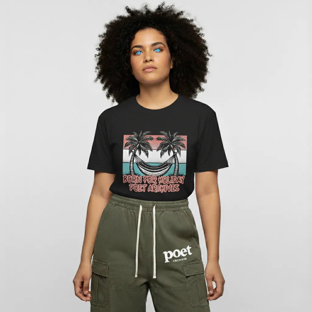 Person wearing a black t-shirt with a graphic design and green pants with 'poet' branding.