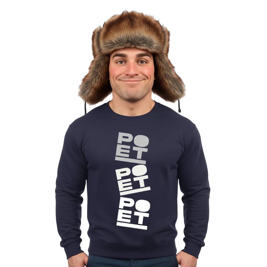 Man wearing a navy blue sweatshirt with 'POET' text and a fur-trimmed hat on a white background