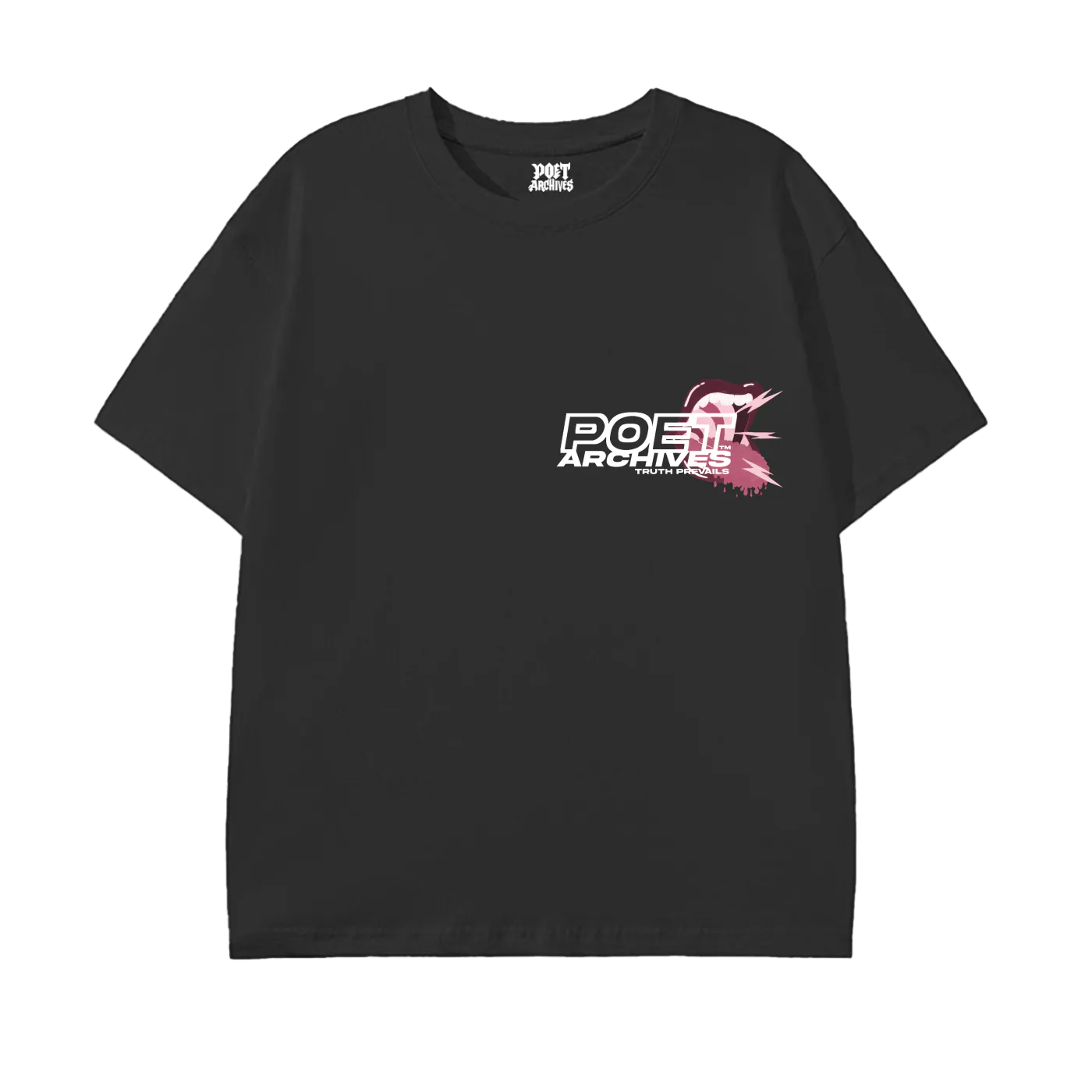 Black t-shirt with 'POET ARCHIVES' logo on a white background