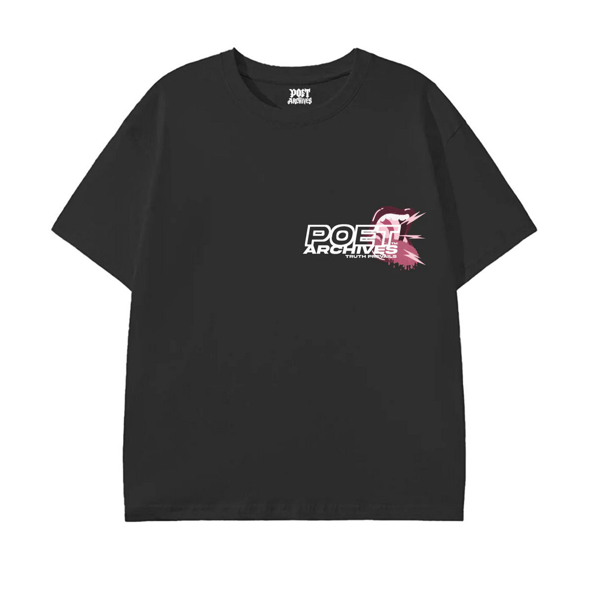 Black t-shirt with 'POET ARCHIVES' logo on a white background