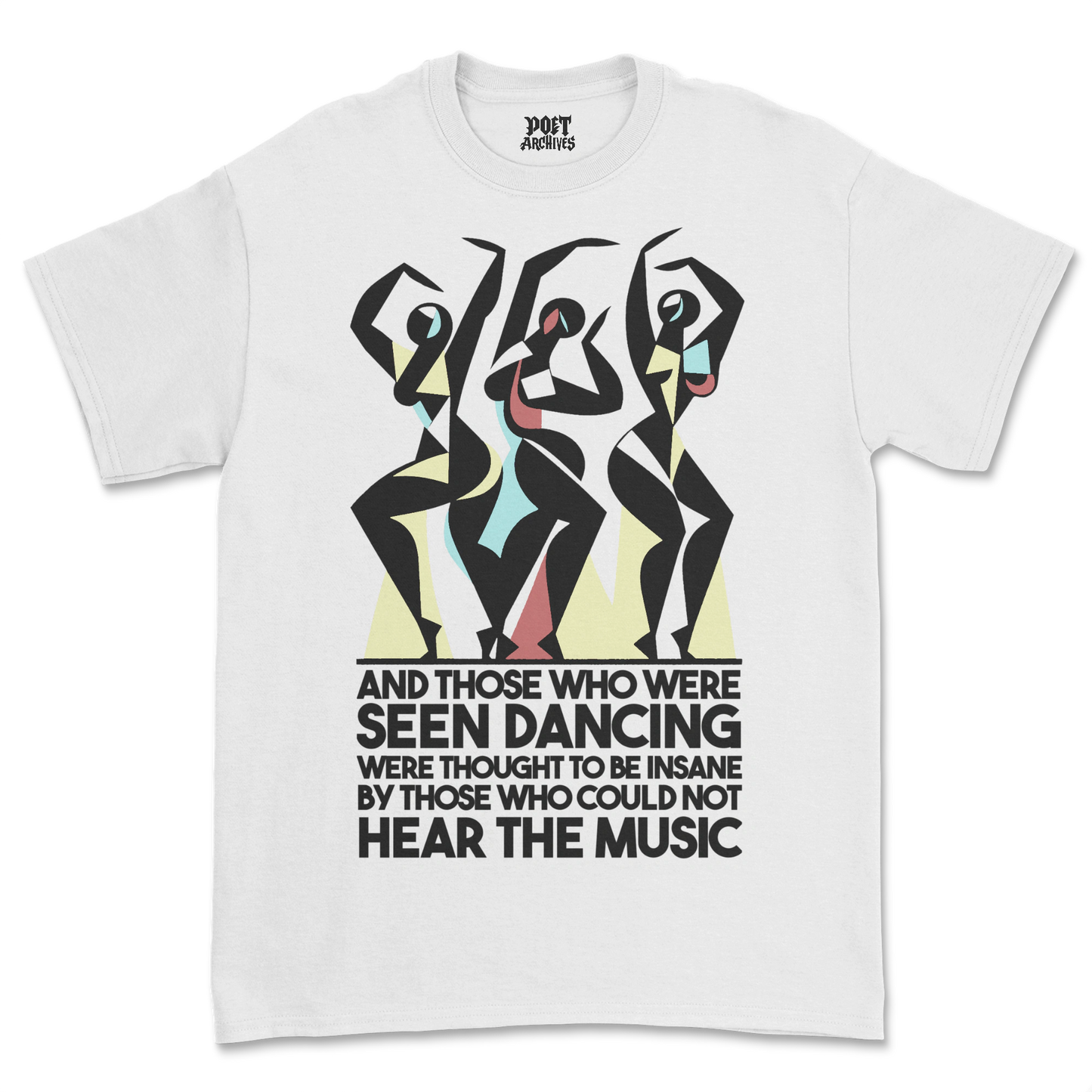 White t-shirt with abstract dancer design and text on a white background