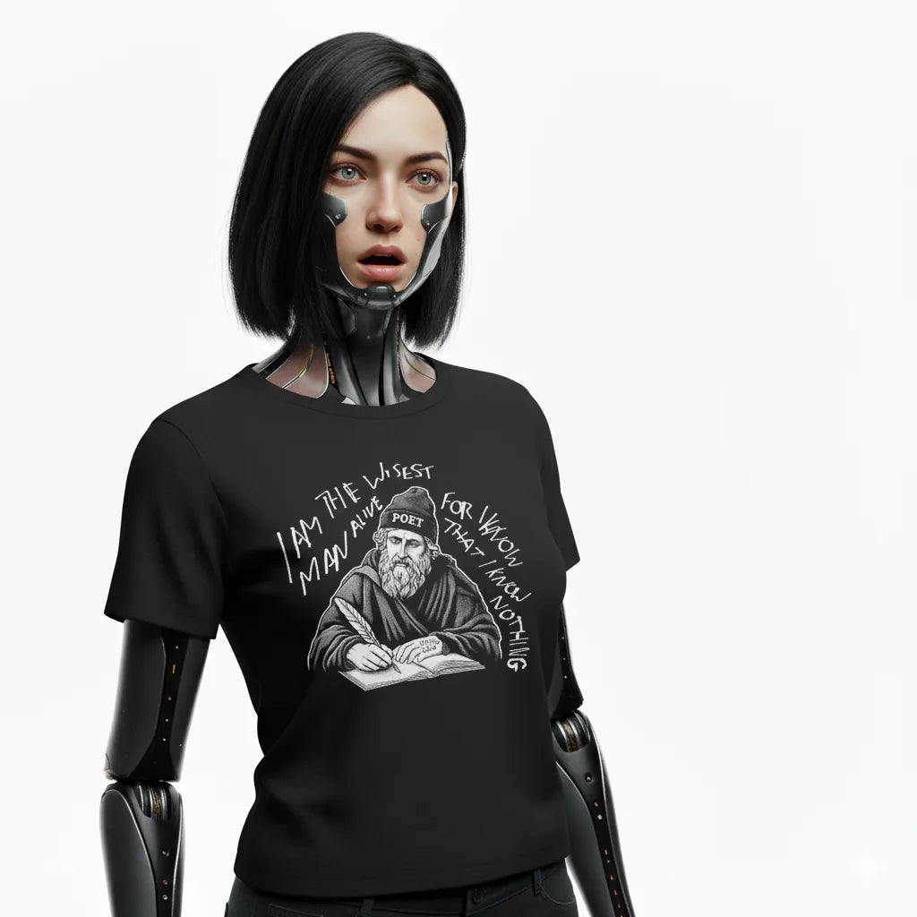 Person wearing a black t-shirt with a graphic design on a white background