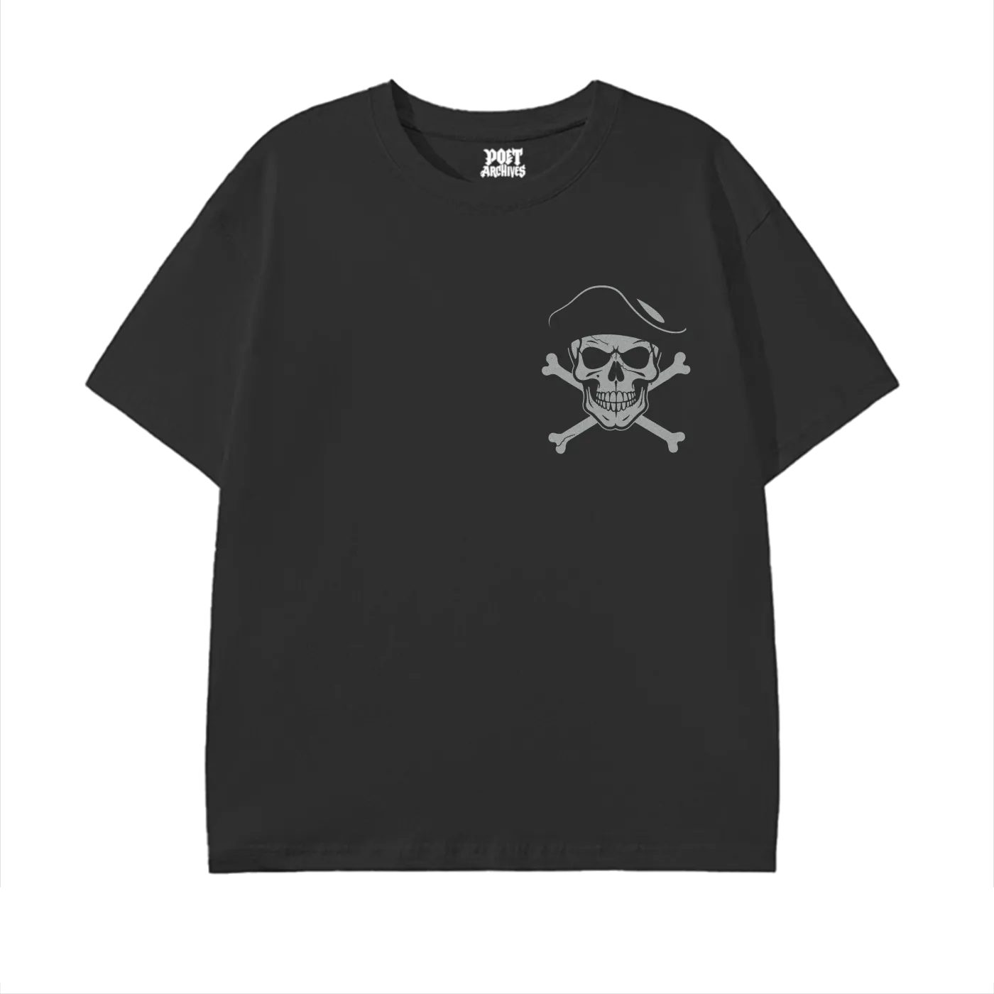 Black t-shirt with a skull and crossbones design on a white background