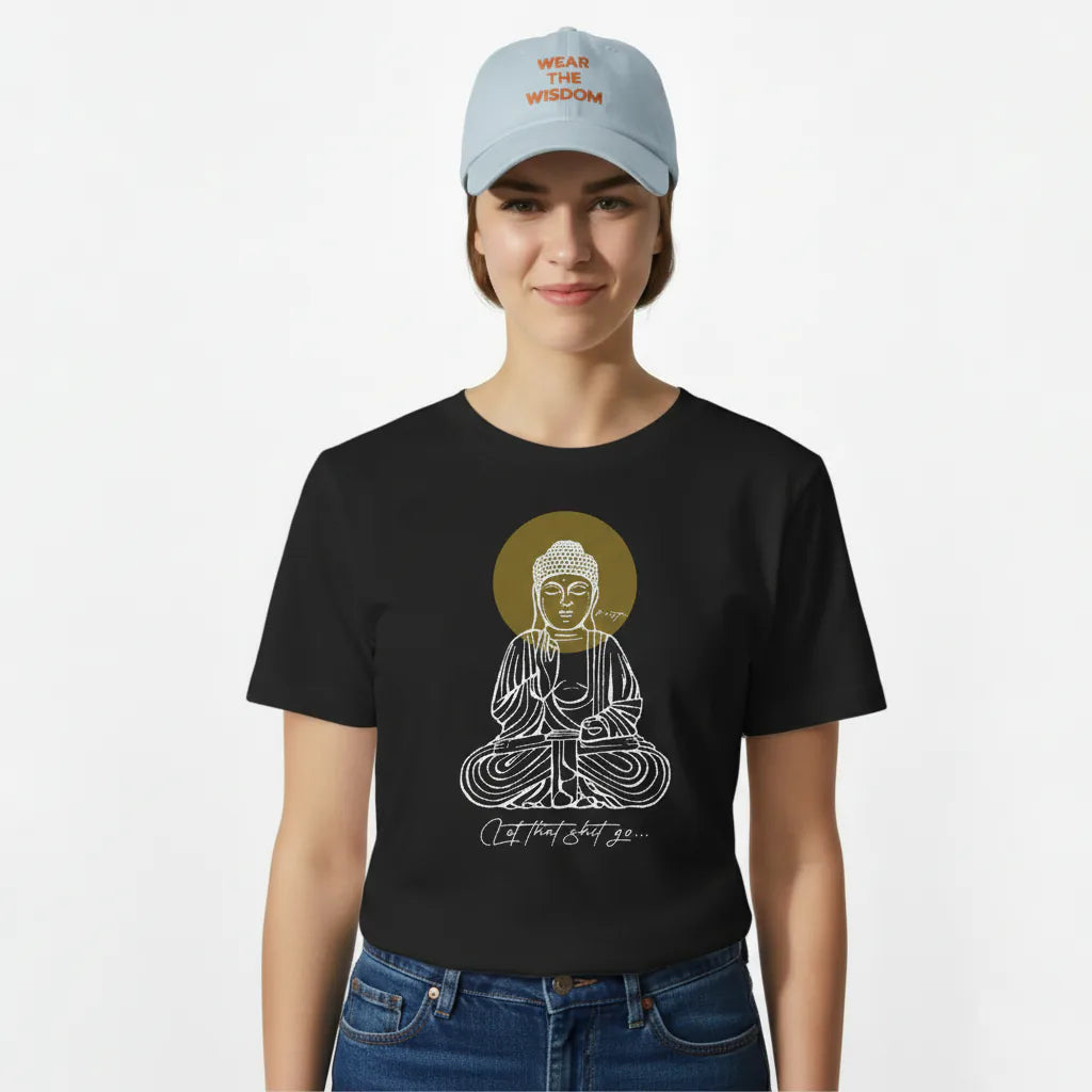 Person wearing a black t-shirt with Buddha graphic and a cap with text on a white background