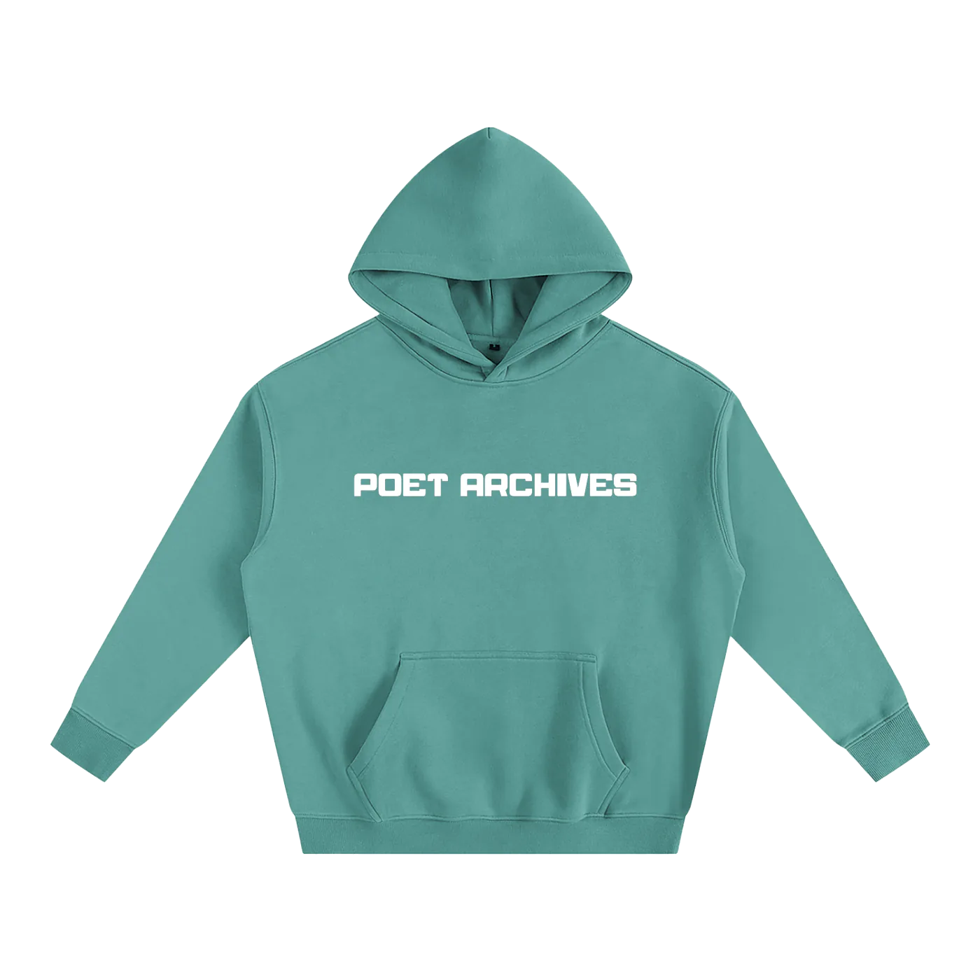 Teal hoodie with 'POET ARCHIVES' text on a white background