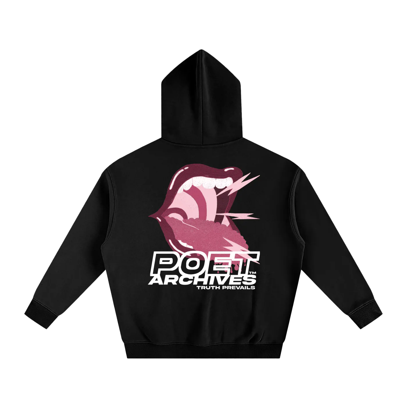 Black hoodie with pink graphic and 'POET ARCHIVES' text on a white background