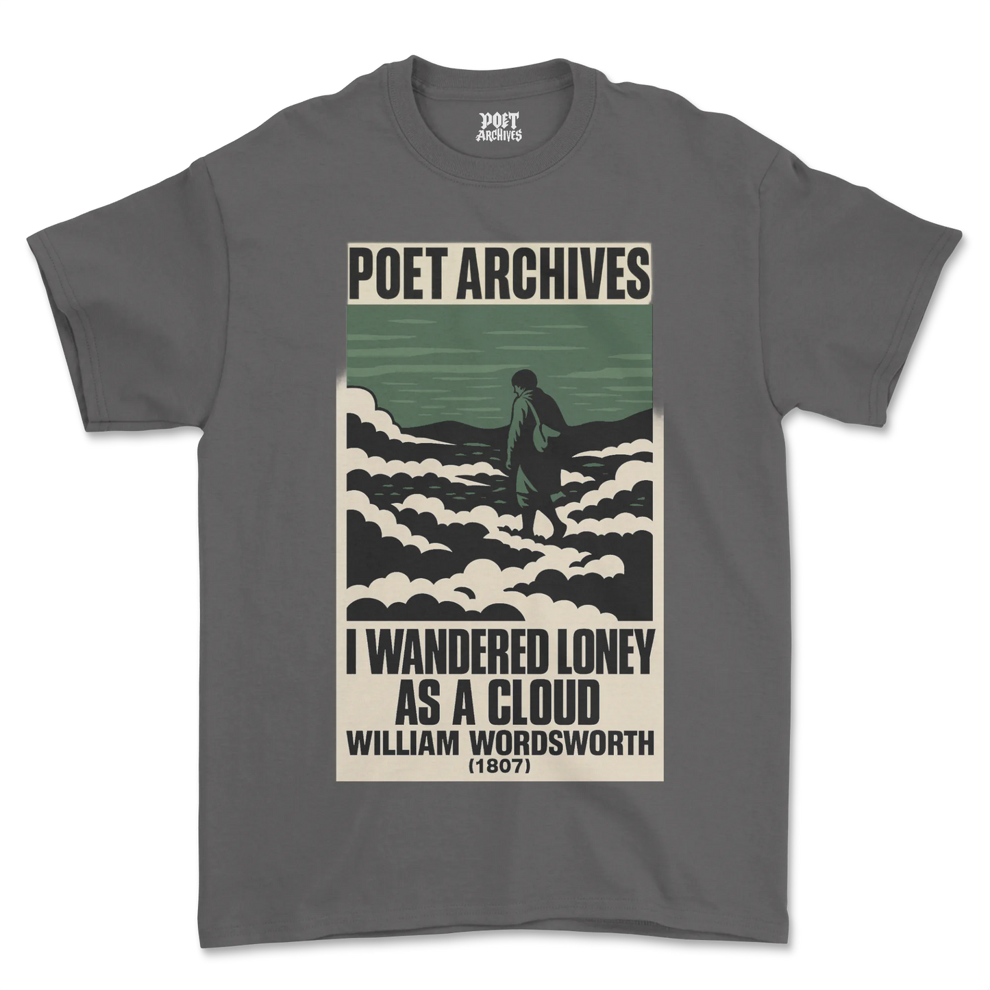 Gray t-shirt with 'Poet Archives' design featuring a person walking on clouds and William Wordsworth quote.