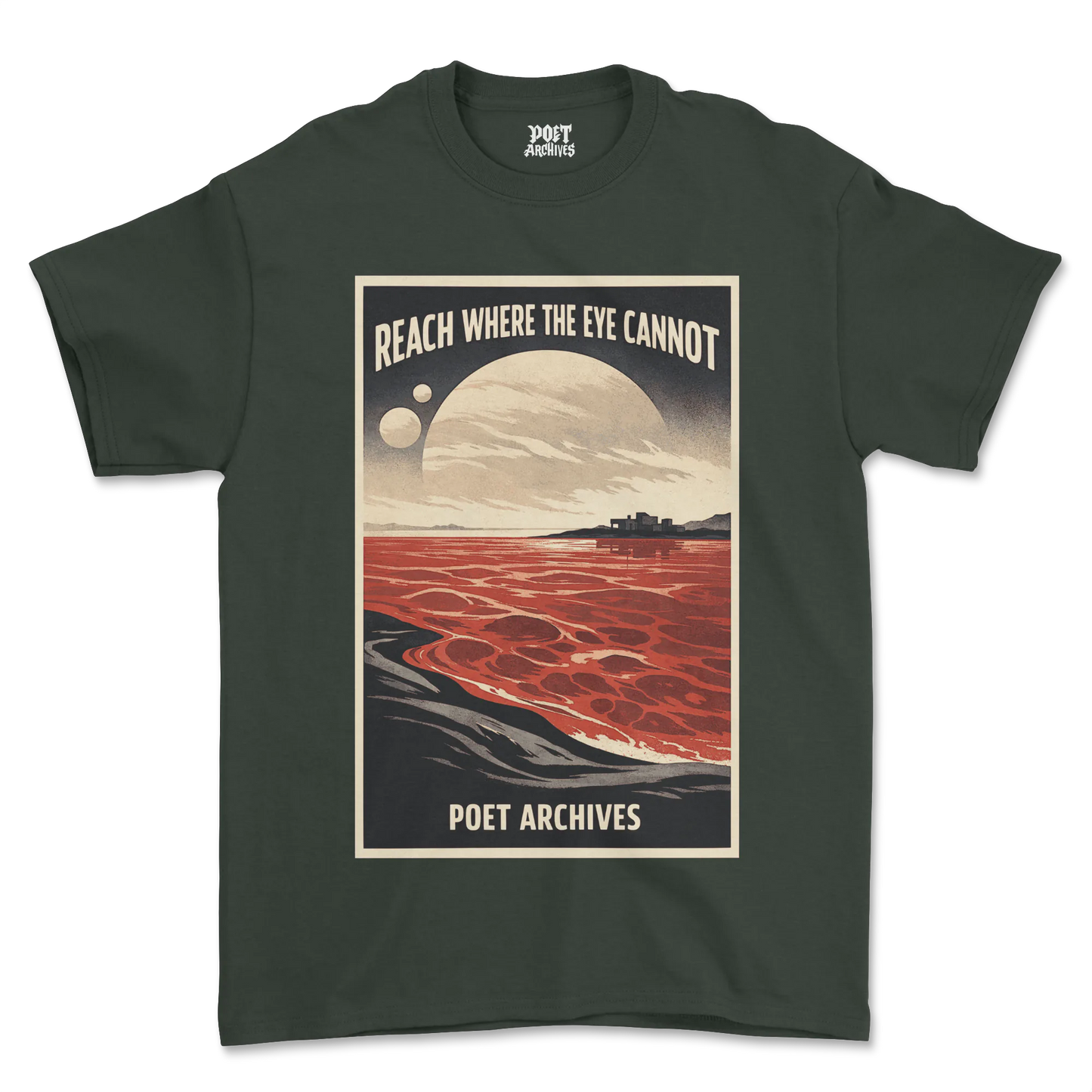 Black t-shirt with a graphic design featuring text and a landscape on a white background