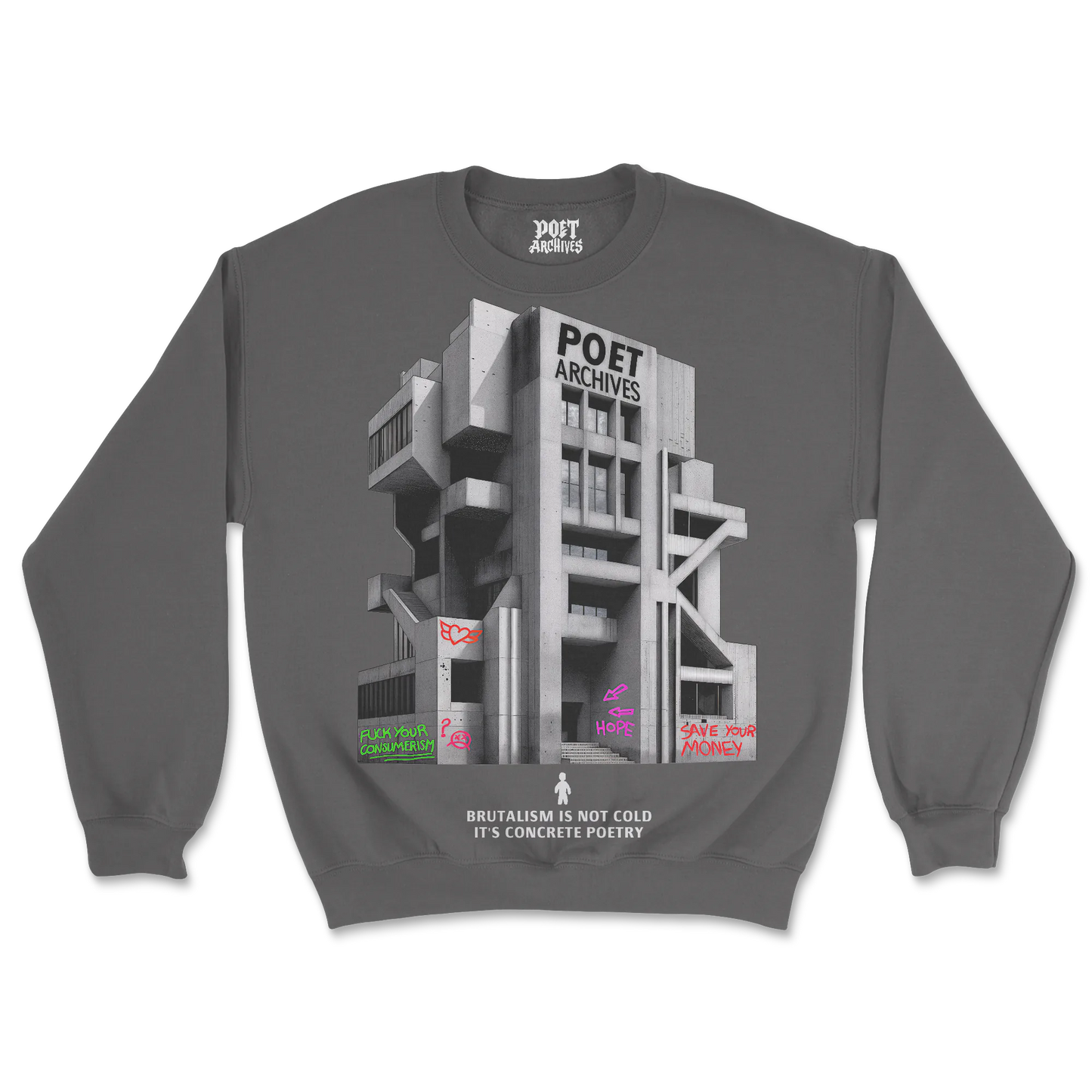 POET ARCHIVES Brutalist Sweatshirt (Grey) — neo-brutalist monolith, engraved POET ARCHIVES lettering, graffiti on concrete facade, cloud-reflective windows, architectural steps, unisex pullover crewneck