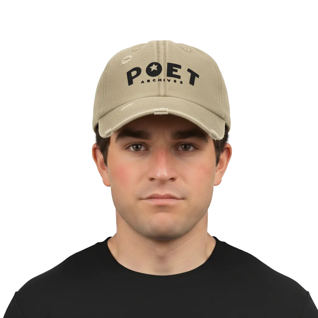 Man wearing a beige cap with 'POET' text on a white background