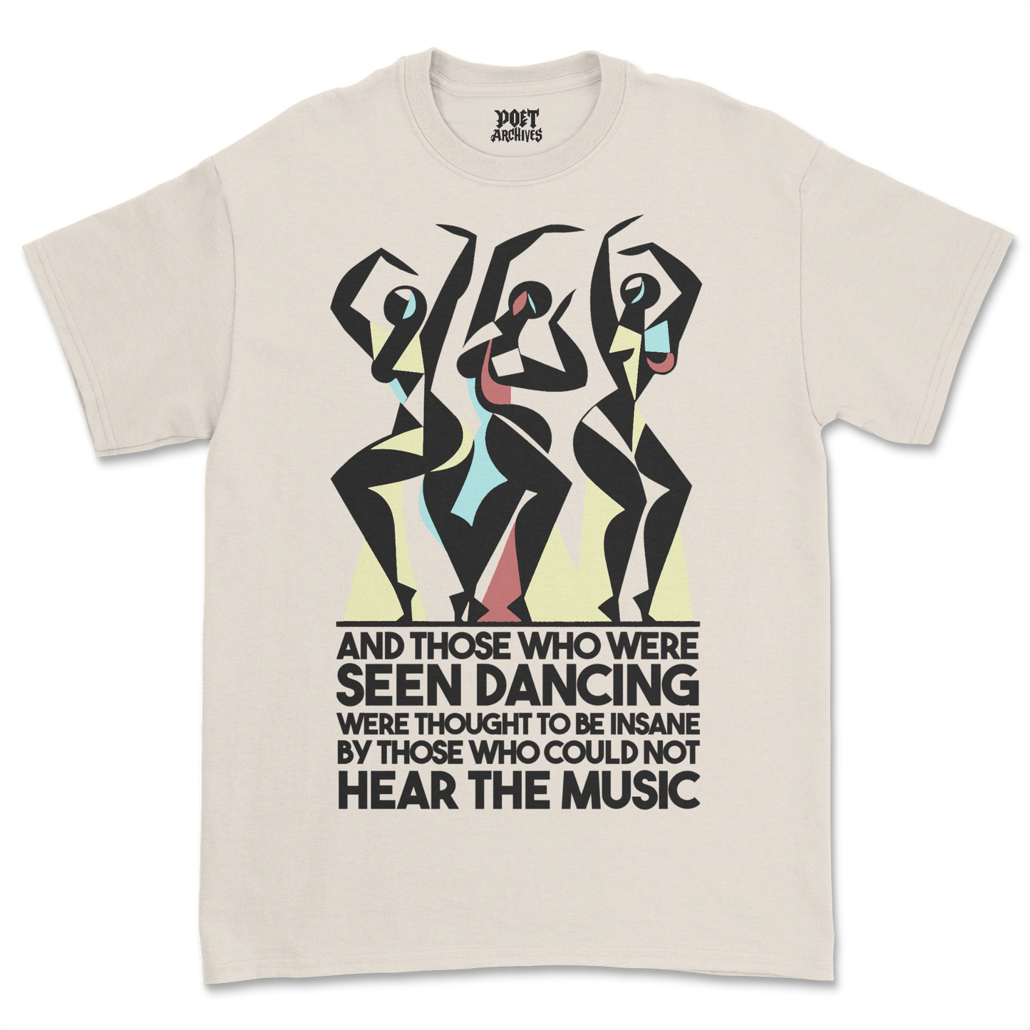 Beige t-shirt with abstract dancer design and text on a white background