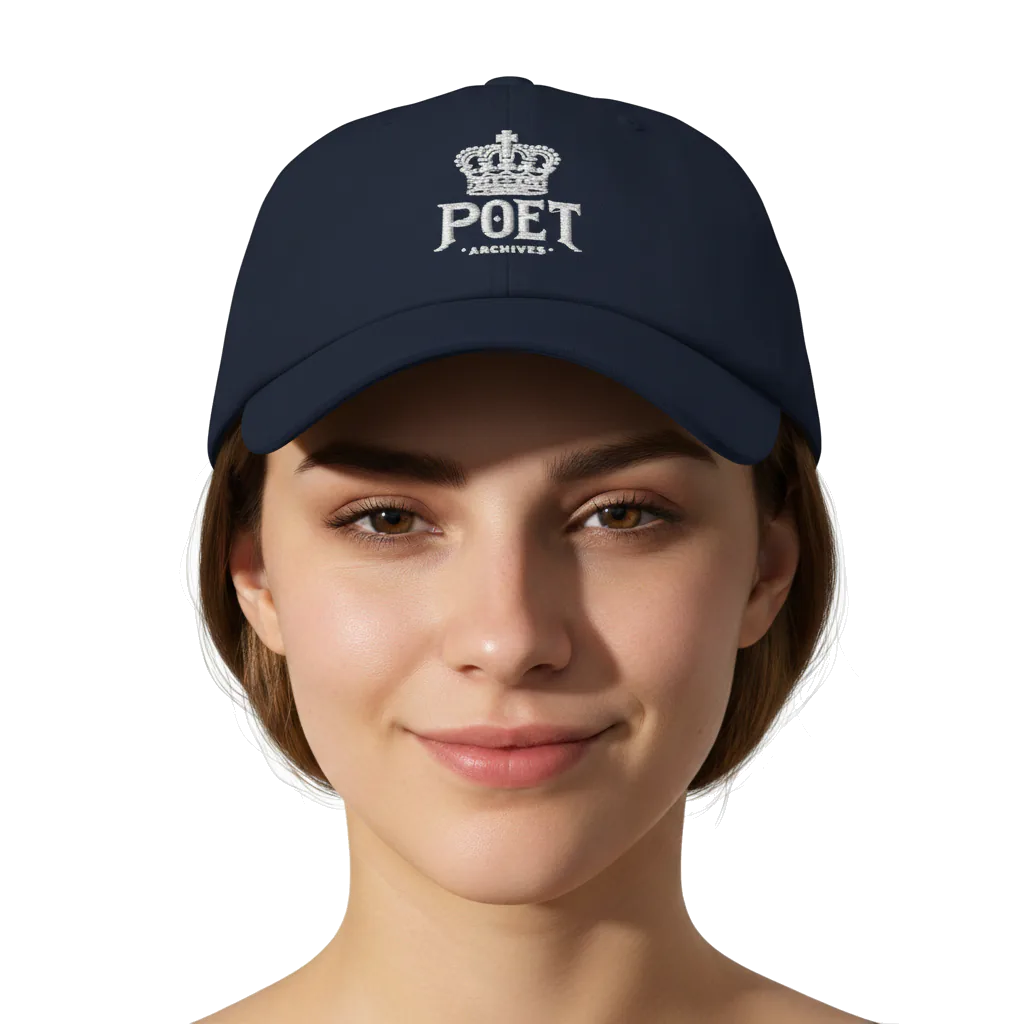 Navy blue cap with 'POET' logo worn by a person on a white background