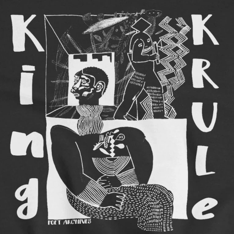 Close-up of the abstract white King Krule graphic print on a black Poet Archives sweatshirt