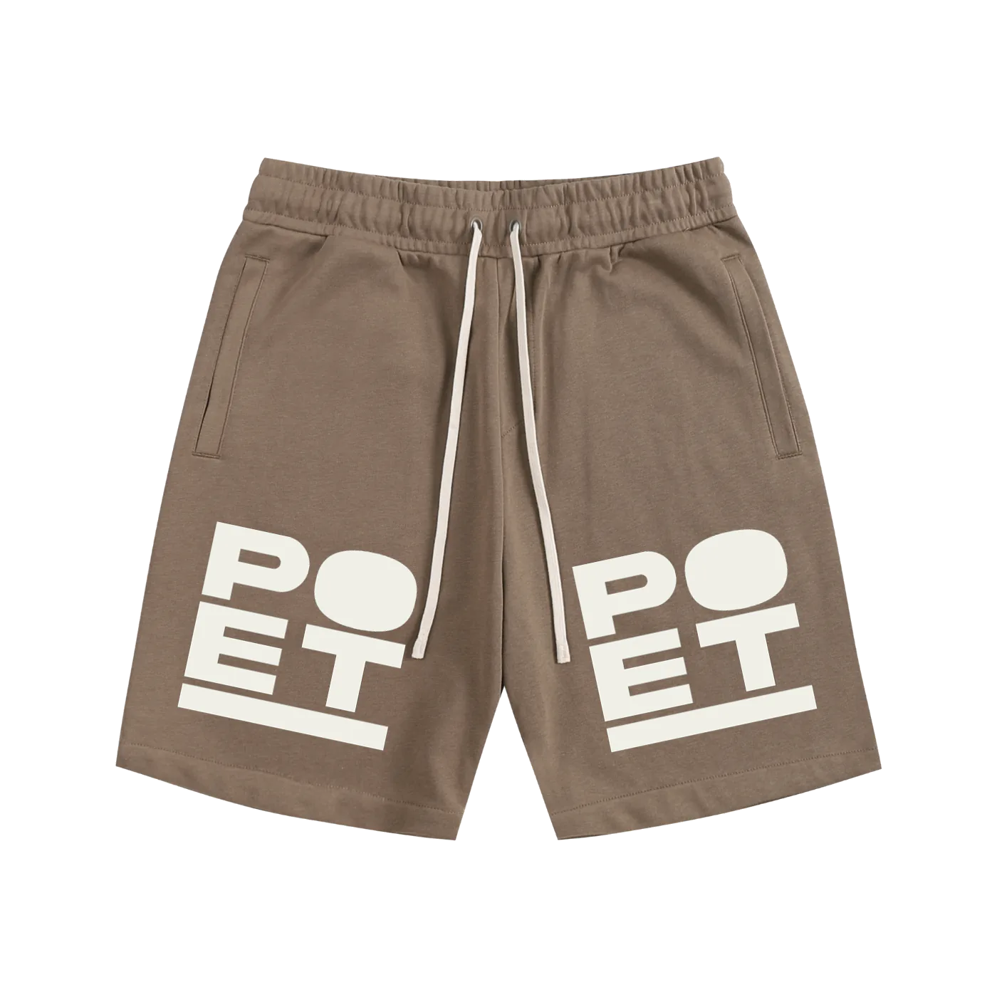 Brown shorts with 'POET' print on a white background