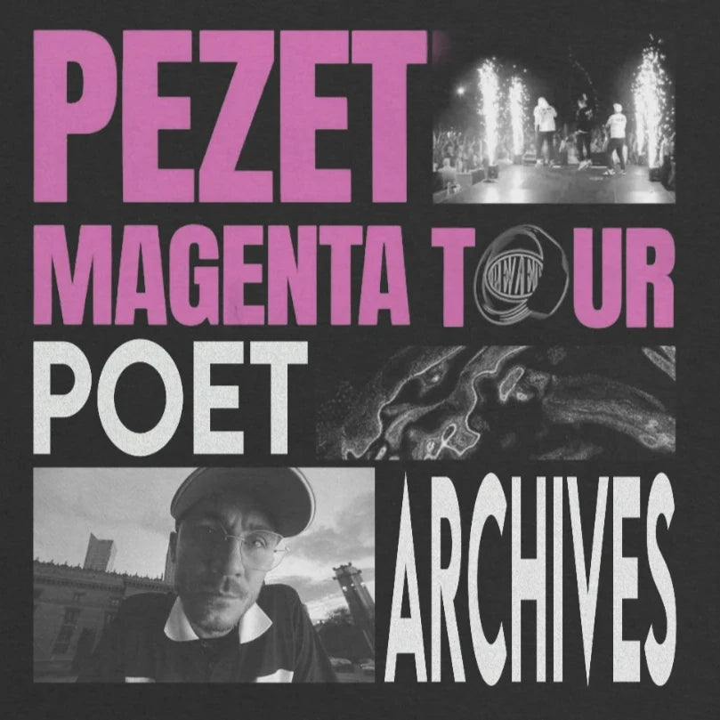 Close-up detail of the Pezet Magenta Tour T-Shirt's graphic print, from Poet Archives
