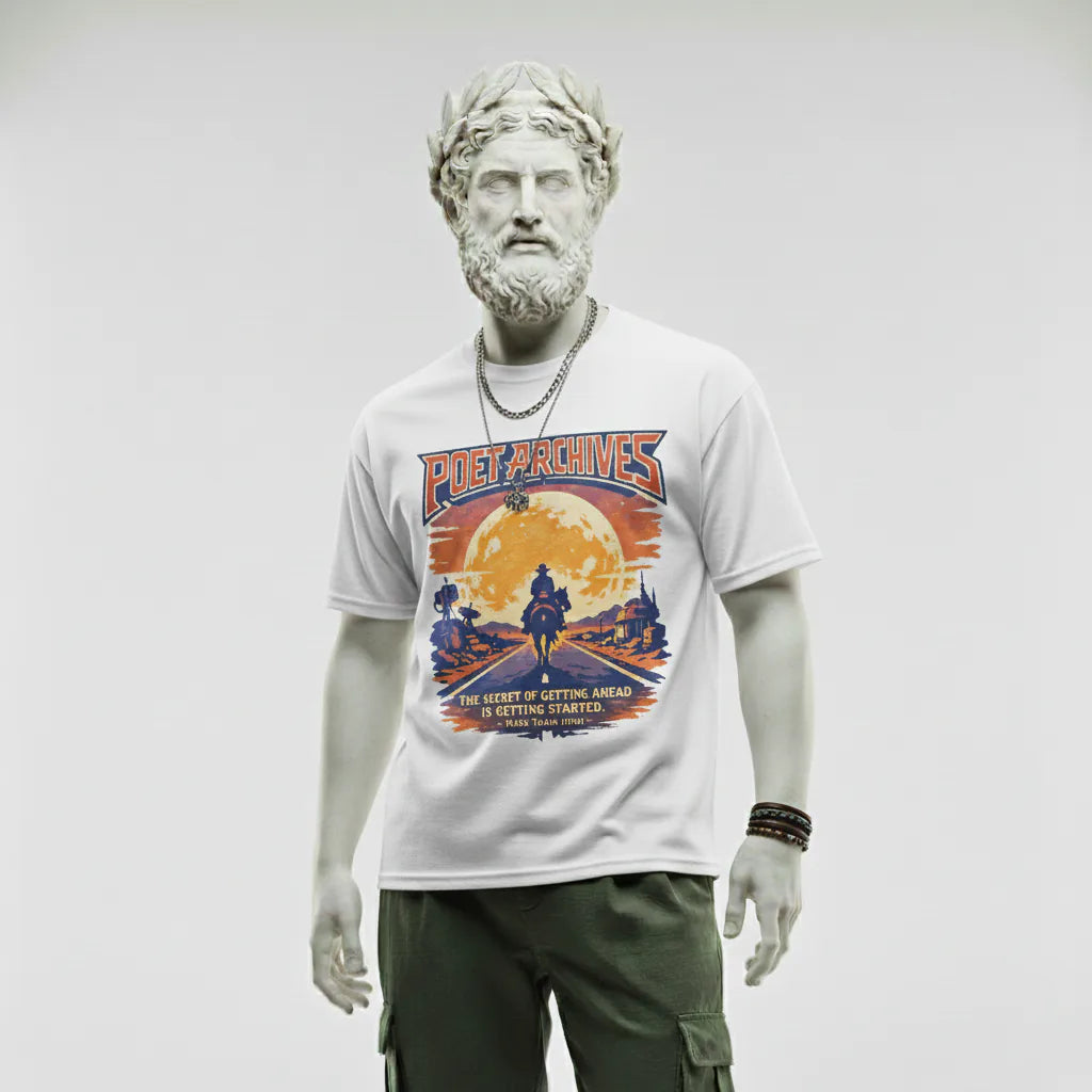 Person wearing a t-shirt with a graphic design on a plain background
